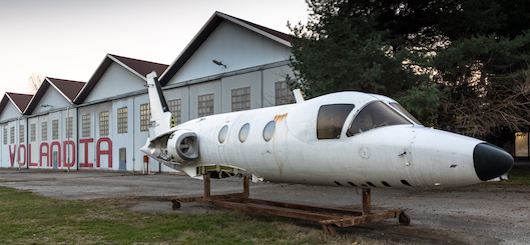 Volandia's outside area with a Piaggio PD808 under restoration Volandia's outside area with a Piaggio PD808 under restoration